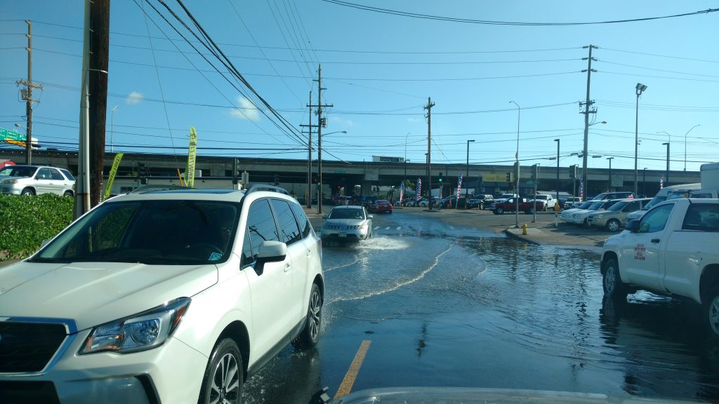 Nuisance flooding in the Mapunapuna area of Oahu, Hawaii during high tide